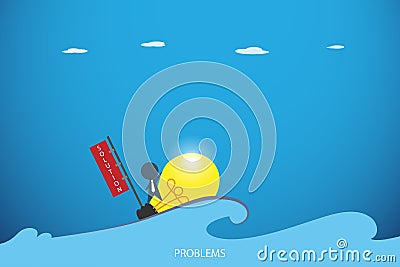 Businessman on the lightbulb boat over the problem sea, idea and business concept Vector Illustration
