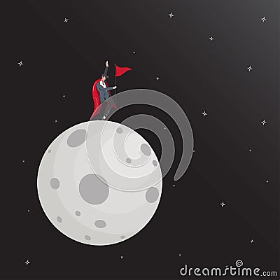 Businessman like a superhero holding the red flag landing on the moon vector illustration. Achieving business concept Vector Illustration