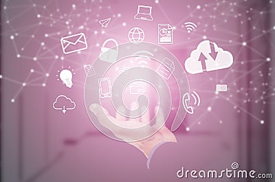 Businessman line connecting icons applications of communication icon on the pink background, Image of the globe on the palm of bus Stock Photo