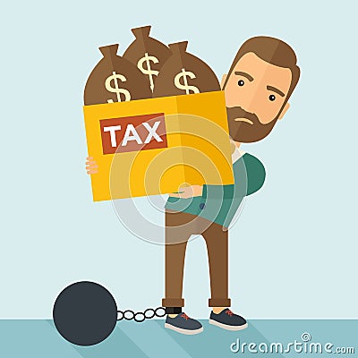 Businessman locked in a debt ball and chain. Cartoon Illustration