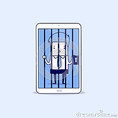 Businessman locked in smartphone. Cartoon character thin line style vector Vector Illustration