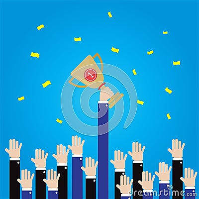 Businessman long hand grab first place trophy Vector Illustration