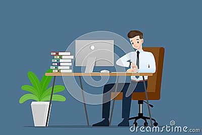 Businessman look at his watch to check the time and waiting for co-worker or his dealer about minute to hour Vector Illustration