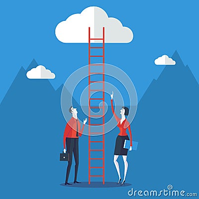 Businessman look up a ladder to cloud. Vector Illustration