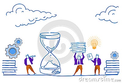 Businessman looking binocular sand clock deadline concept business vision people hard working process brainstorming Vector Illustration