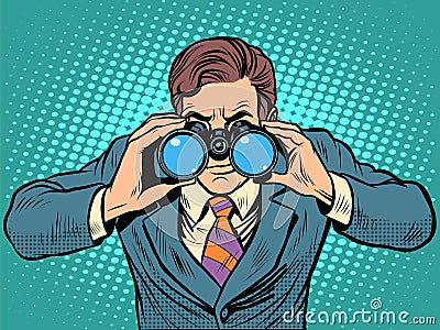 Businessman looking through binoculars. Lead vision Navigator Vector Illustration