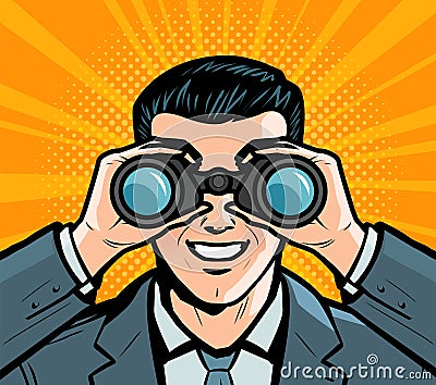 Businessman looking through binoculars. Pop art retro comic style. Cartoon vector illustration Vector Illustration