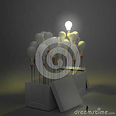 Businessman looking at 3d pencil and light bulb Stock Photo