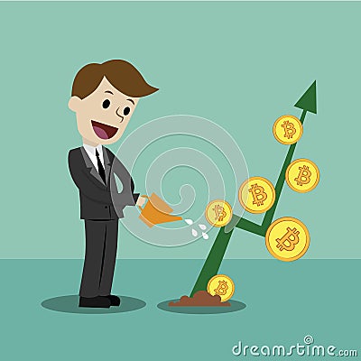 Crypto-currency market. Businessman looking for growth chart of Bitcoins. Vector Illustration