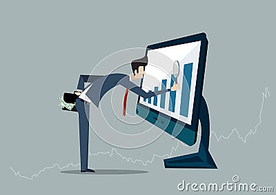 Businessman looking for investment opportunity standing on growth graph. Profit Stock Market. on laptop computer Vector Illustration