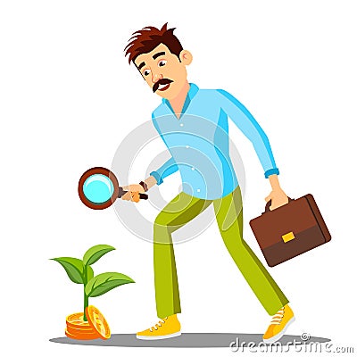 Businessman Looking For Money With Magnifier On The Floor, Investment Search Vector. Isolated Illustration Vector Illustration