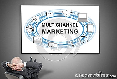 Businessman looking at multichannel marketing concept Stock Photo