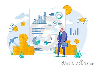 Businessman Looking at Report with Graphs, Charts. Vector Illustration