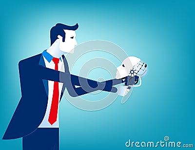 Businessman looking at robot skull in hand. Concept technology vector illustration Vector Illustration