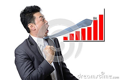 Businessman looking shocked in financial graph be over goal isol Stock Photo