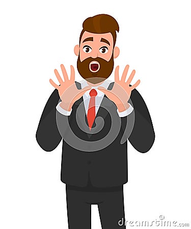 Businessman looking shocked, scared trying to protect himself in anticipation of unpleasant situation, isolated white background. Vector Illustration