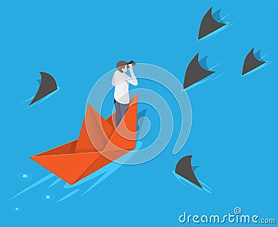 Businessman looking spyglass on paper boat vector Vector Illustration