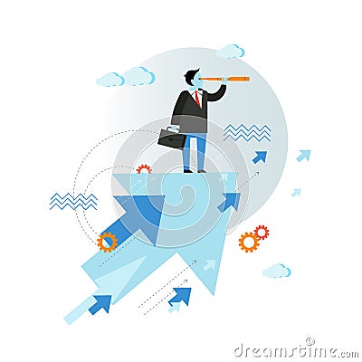 Businessman looking through spyglass vector illustration in flat style design. Creative business vision concept Vector Illustration