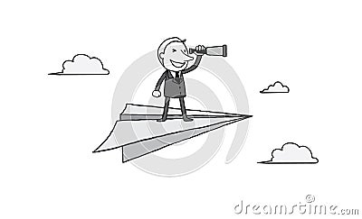 Businessman looking telescope on big rocket paper over cloud in the sky. leader vision concept. isolated illustration outli Cartoon Illustration