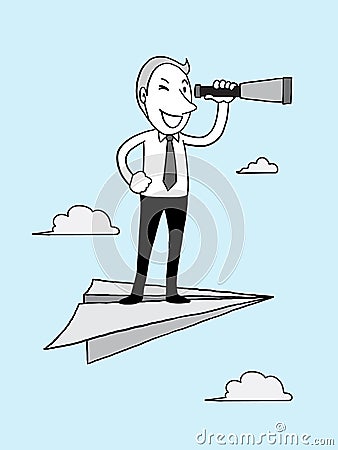 Businessman looking telescope on rocket paper over cloud in the sky. leader vision concept. isolated illustration outline h Cartoon Illustration