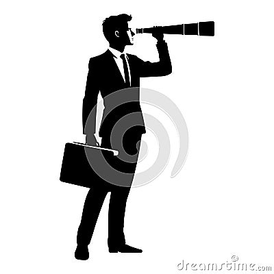 Businessman looking telescope silhouette. Forecast, vision in business concept Vector Illustration