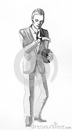 Businessman looking at watch, watercolor illustration Cartoon Illustration