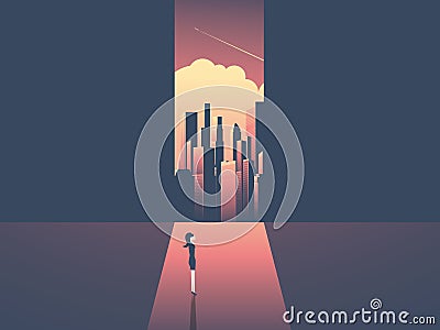 Businessman looking through window at urban skyline. Business ambition, opportunity and corporate world concept vector Vector Illustration