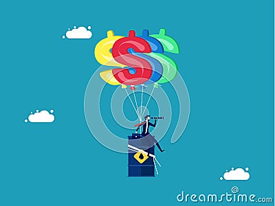 Businessman looks at investing in oil. Oil barrels floated with money balloons. Vector Illustration