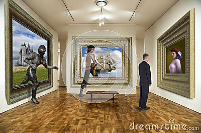 Funny Art Gallery, Surreal Paintings Stock Photo