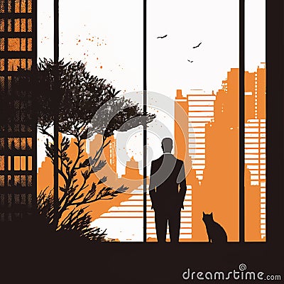 Businessman looks out the window in the office and a cat near him. Cartoon Illustration