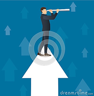 Businessman looks through a telescope, standing on an arrow icon vector illustration Vector Illustration