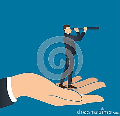 A businessman looks through a telescope standing on big hand Vector Illustration