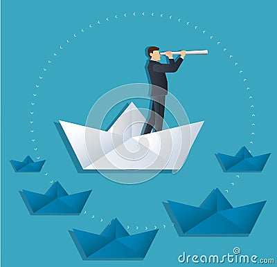 A businessman looks through a telescope standing on paper boat vector, business concept Vector Illustration