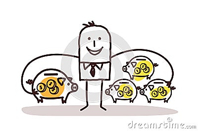 Businessman With Lot of Piggy Banks Vector Illustration