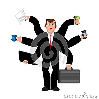 Businessman and lots of hands. Performing many tasks. Lot of wo Vector Illustration