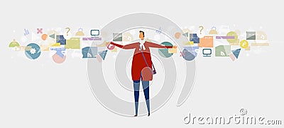 Businessman with lots of plans, things to do and new ideas. Modern happy life Vector Illustration