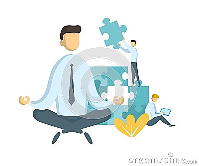 Businessman in lotus pose watching puzzle pieces being put together. Teamwork and leadership. Leader and stress Vector Illustration