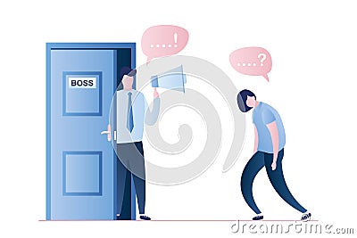Office boss with megaphone stands in the doorway and unhappy tired woman employee Vector Illustration