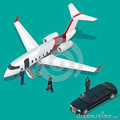 Businessman with luggage walking towards private jet at terminal. Bussines concept stewardess, pilot, limousine Vector Illustration