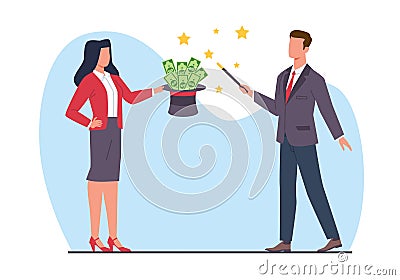 Businessman with magic wand and hat full of money. Perform successful trick. Entrepreneur magically makes income. Quick Vector Illustration