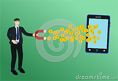 Businessman magnet profit money from smartphone Vector Illustration