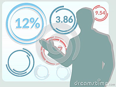 Businessman makes a presentation during seminar or meeting. Man silhouette with shadows in front of display screen with different Vector Illustration