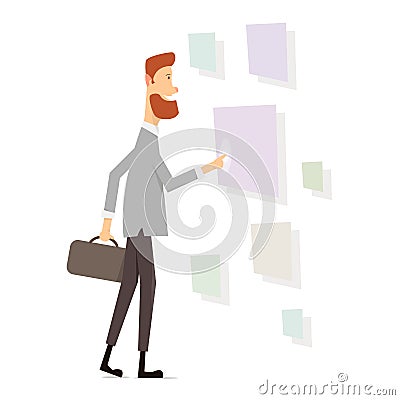 Businessman making a choice. Presses a virtual button. Vector Illustration