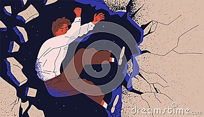 Businessman, male office worker or employee climbing up cliff and falling off. Concept of professional fiasco, career Vector Illustration