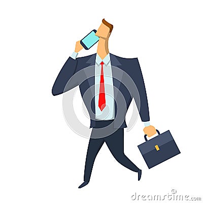 Businessman, a man in a business suit with a briefcase walking and talking on the phone. Vector illustration isolated on Vector Illustration