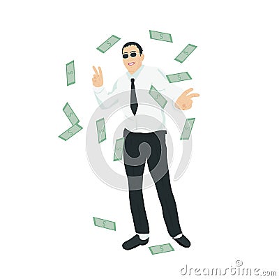 A businessman man with glasses. Shows the victory gesture. Dollars are falling on a man Stock Photo