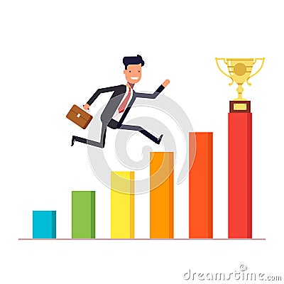 Businessman or manager with briefcase jumping up on a schedule to the prize cup. Diagram of revenue growth. Vector Vector Illustration