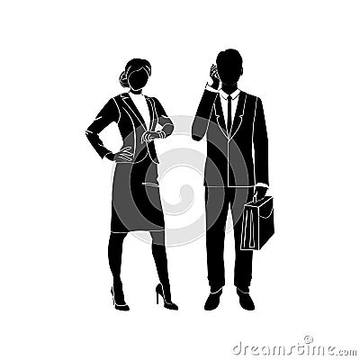 Businessman, manager with a briefcase and talking on a cell phone vector. Business woman standing looks at the wrist watch. Vector Vector Illustration