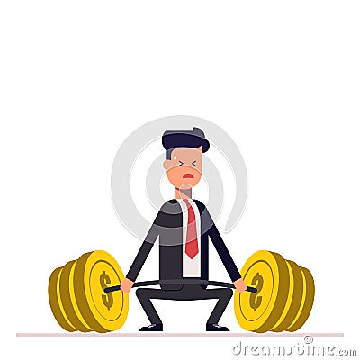 Businessman or manager can not lift a heavy barbell with money. Great difficulties. Unattainable. Vector, illustration Vector Illustration