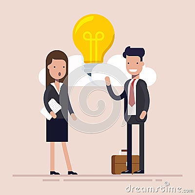 Businessman and manager are discussing new idea. Bulb among the clouds. Flat vector illustration isolated. Vector Illustration